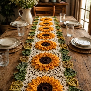 Schema per centrotavola all'uncinetto con girasoli e foglie floreali (download in PDF)