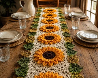 Crochet Sunflower Runner Pattern, Floral Leaves Centerpiece (PDF Download)