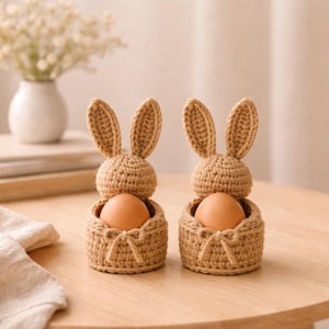 Może przedstawiać: Dwa ręcznie robione, beżowe, szydełkowe koszyczki na jajka w kształcie królika z brązowymi jajkami w środku. Królik ma długie uszy i okrągłą głowę. Jajko leży w podstawie przypominającej koszyk z kokardą. Na drewnianym stole.