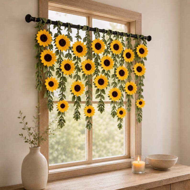 May include: A decorative window curtain featuring yellow sunflowers with dark brown centers and green leaves. The sunflowers are arranged in rows, hanging from a black rod. The curtain is set against a wooden window frame.