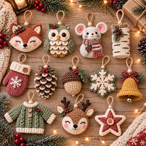 May include: A collection of twelve crocheted Christmas ornaments including a fox face, an owl, a mouse with a scarf, a birch log, a mitten, a pinecone, an acorn, a snowflake, a bell, a sweater, a reindeer face, and a star with a button.