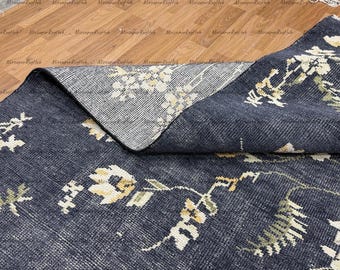 Floral Hand-Knotted Black Floral Wool Area Rug 7x10 8x10 9x12 10x14 Large Area  Hand Made Oushak Rug For LivingRoom Or BedRoom!