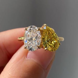 Toi Et Moi Ring Yellow Diamond Engagement Ring 2CT Oval White and Pear Yellow Sapphire Diamond Wedding Ring 14k Yellow Gold Proposal Ring
