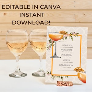 Modèle de menu cocktail modifiable | Plaque de bar pour mariage imprimable Menu de cocktail | Carte des vins et des bulles | Plaque de bar Aperol Mimosa