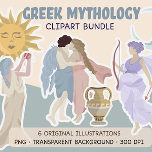 Puede incluir: Un paquete de imágenes prediseñadas digitales titulado GREEK MYTHOLOGY CLIPART BUNDLE que incluye seis ilustraciones, entre ellas un sol, una luna, una figura sosteniendo un corazón, una pareja abrazándose, una figura con arco y flecha y un jarrón griego.