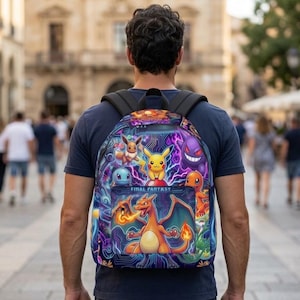 May include: A backpack featuring a vibrant graphic print of various colorful creatures, including Pikachu, Charizard, and Gengar, set against a dark blue circuit board pattern. The text "FINAL FANTASY" is printed on the front pocket.
