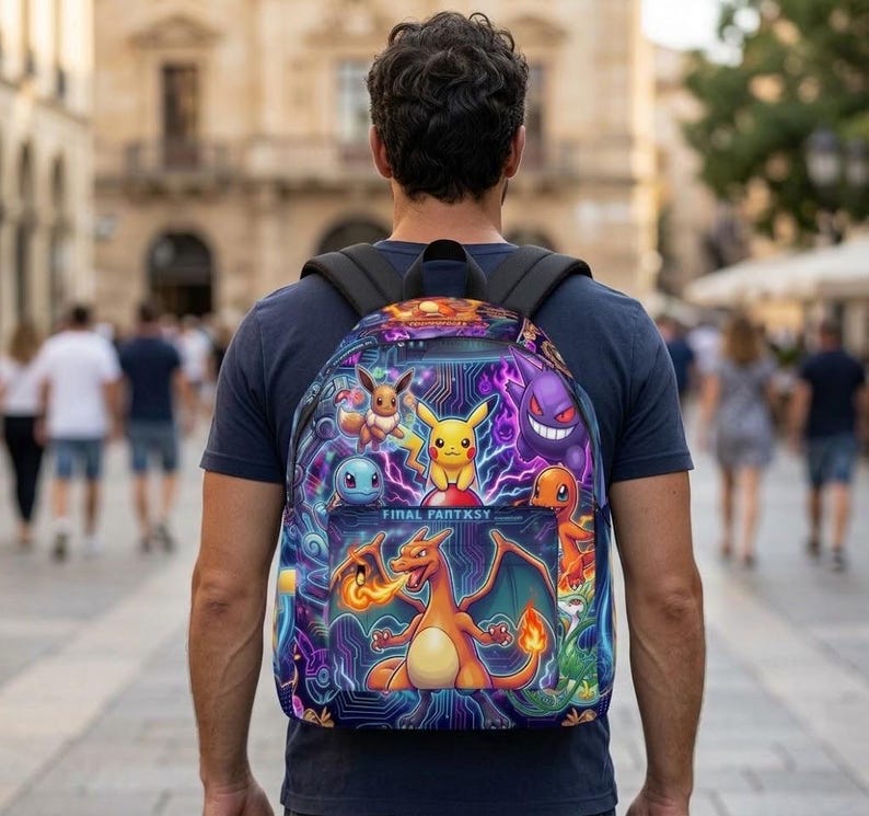 May include: A backpack featuring a vibrant graphic print of various colorful creatures, including Pikachu, Charizard, and Gengar, set against a dark blue circuit board pattern. The text "FINAL FANTASY" is printed on the front pocket.