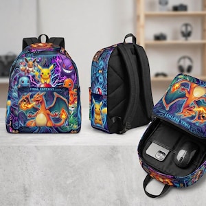 May include: A backpack featuring a vibrant digital print of various Pok&eacute;mon characters including Pikachu, Charizard, and Eevee against a neon circuit board pattern. The front pocket displays the text FINAL FANTASY. The interior contains a laptop sleeve.