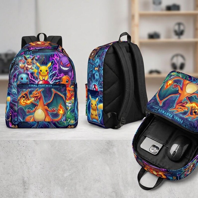 May include: A backpack featuring a vibrant digital print of various Pok&eacute;mon characters including Pikachu, Charizard, and Eevee against a neon circuit board pattern. The front pocket displays the text FINAL FANTASY. The interior contains a laptop sleeve.