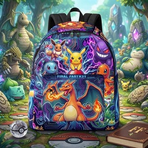 Puede incluir: Una mochila negra con un estampado gráfico multicolor de varias criaturas animadas, incluido un gran dragón naranja que escupe fuego en el bolsillo delantero, con el texto FINAL FANTXSY impreso sobre el personaje central