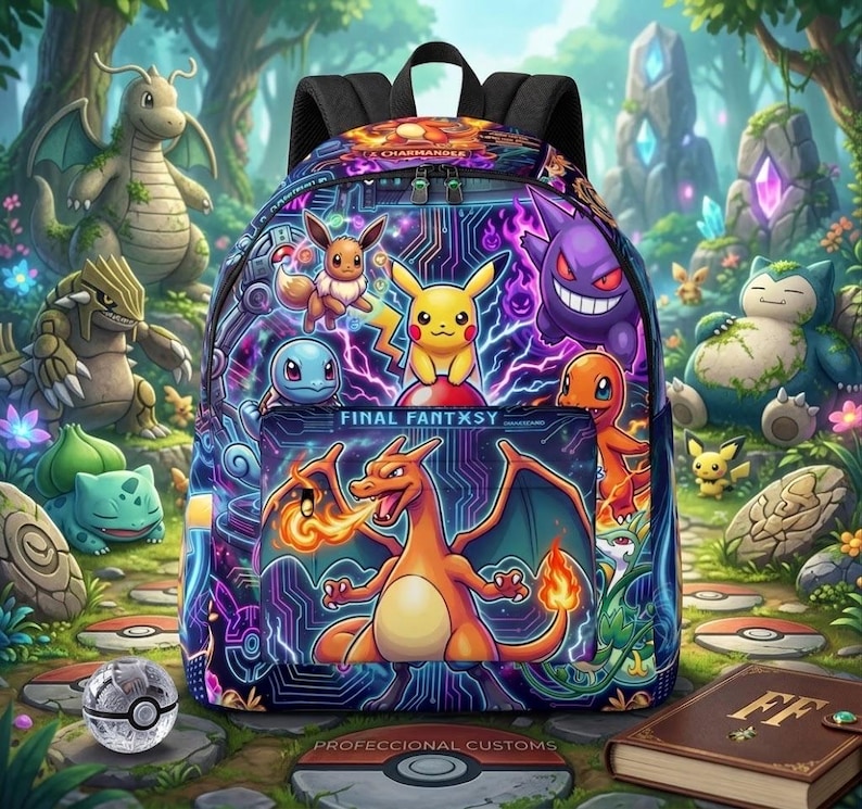 Puede incluir: Una mochila negra con un estampado gráfico multicolor de varias criaturas animadas, incluido un gran dragón naranja que escupe fuego en el bolsillo delantero, con el texto FINAL FANTXSY impreso sobre el personaje central