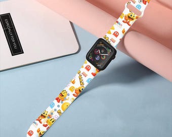 Retro-Arcade-Smartwatch-Armband, Vintage-Pixel-Videospiel-Uhrenarmband, klassisches gelbes Armband mit Geistermuster, Geschenk für Gamer-Nostalgiker, Spaß