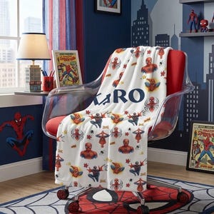 Custom Name Spider Hero Blanket, Personalized Web Slinger Fleece Throw, Red and Blue Superhero Kids Bedding, Comic Book Room Decor Gift