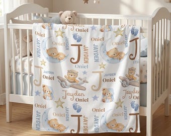 Personalized Aviator Bear Baby Blanket, Custom Name Airplane Nursery Blanket, Teddy Bear Sleeping on Moon Crib Decor, New Baby Boy Gift