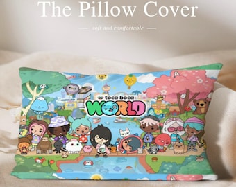 かわいい漫画の世界の枕カバー、カラフルなキャラクターの街のスロー、パステルカラーの子供用寝具枕カバー、かわいいゲーマーガールの部屋の装飾、プレイルームのベッドカバー