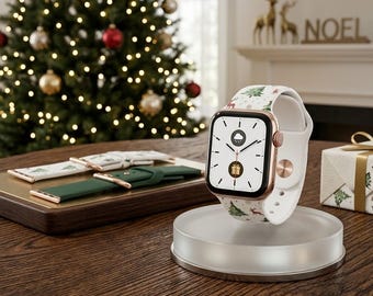Personalisiertes Smartwatch-Armband mit Weihnachtsmotiv, Aquarell-Kiefern und Rentieren, festliches Weihnachtsgeschenk für Sie, gemütliches Winteraccessoire