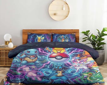 Reversible Anime Monster Comforter Set - Cosmic Gaming Bedding Set, Neon Galaxy Duvet Blanket, Soft Gamer Bedroom Decor, Video Game Bed Set
