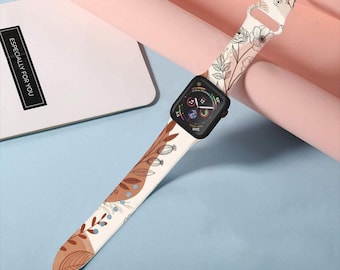 Boho-Blumenarmband für Smartwatch, erdige, neutrale Blumenmuster, Armband mit Terrakotta-Blattmuster, botanisches Geschenk für Sie, minimalistisches Herbst-Design