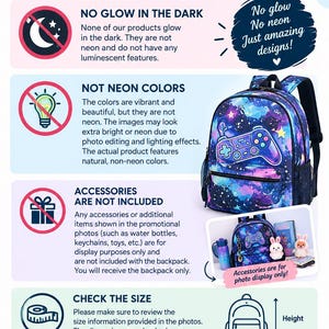K&ouml;nnte beinhalten: Eine Informationsgrafik f&uuml;r personalisierte Geschenke von Jeseni mit einem Rucksack im Galaxie-Design und einer Spielcontroller-Grafik. Der Text stellt klar, dass die Produkte nicht im Dunkeln leuchten, nicht neonfarben sind und kein Zubeh&ouml;r enthalten.