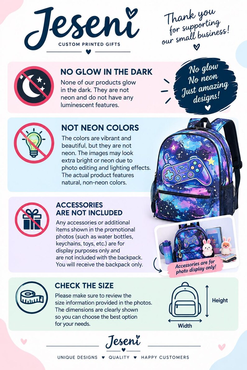 K&ouml;nnte beinhalten: Eine Informationsgrafik f&uuml;r personalisierte Geschenke von Jeseni mit einem Rucksack im Galaxie-Design und einer Spielcontroller-Grafik. Der Text stellt klar, dass die Produkte nicht im Dunkeln leuchten, nicht neonfarben sind und kein Zubeh&ouml;r enthalten.