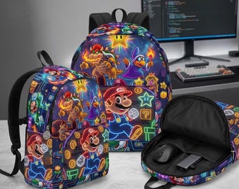 Video Game Style School Bag, Electric Neon Character Backpack, Gamer Tech Laptop Bag, Cyber Light Collector Backpack
