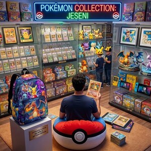 May include: A colorful backpack featuring various Pok&eacute;mon characters sits on a white pedestal in a room filled with Pok&eacute;mon collectibles, including trading cards, plush toys, and figures, with a neon sign reading POK&Eacute;MON COLLECTION: JESENI.