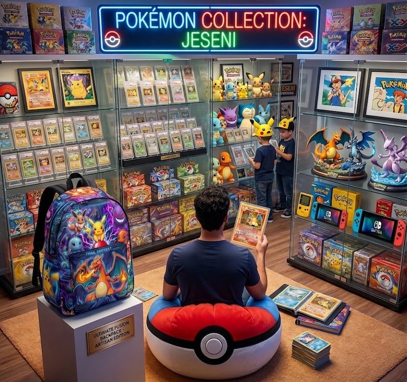 May include: A colorful backpack featuring various Pok&eacute;mon characters sits on a white pedestal in a room filled with Pok&eacute;mon collectibles, including trading cards, plush toys, and figures, with a neon sign reading POK&Eacute;MON COLLECTION: JESENI.