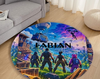 パーソナライズされたゲーマーラグ、カスタム名入り円形エリアラグ、バトルロイヤルビデオゲームカーペット（子供部屋用）、ゲーマー寝室装飾、カスタム誕生日プレゼント