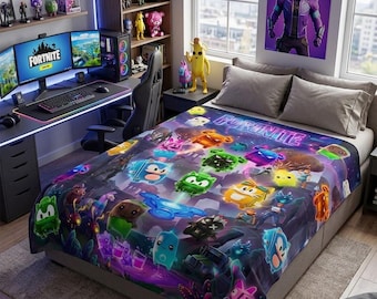 Battle Royale Game Blanket, Gamer Throw Blanket, Neon Pixel Gaming Fleece Bedding, Video Game Room Decor, Birthday Gift for Gamer Boy