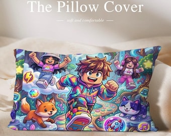 ゲーマーアバターカラフルブロックキャラクターピローケース、鮮やかなピクセルブロックアドベンチャースロークッションカバーキッズ、かわいいキツネと猫のゲーマーベッドルーム
