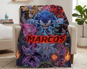 TURBO SQUAD Kuscheldecke, Neonfarbene Videospiel-Tierhelden-Decke für Kinderbettwäsche, personalisiertes Geschenk für Gamer mit Namen, blauer Igel, roter Ameisenigel