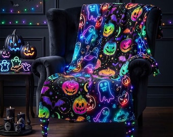 ネオンハロウィンブランケット、不気味に光るゴーストパンプキンスロー、ダークパステルゴスソファデコレーション、エレクトリックコージーフリースブランケット、ハロウィンギフト