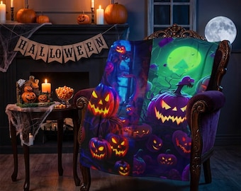 ネオンハロウィンスローブランケット、不気味に光るカボチャの装飾、デュアルデザインの不気味な月のフリースブランケット、ダークな美学の寮の装飾、ゴシックギフト