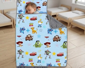 Custom Toddler Nap Mat with Pillow, Personalized Kids Sleeping Bag for Daycare, Preschool Nap Mat Roll, Soft Blue Bedding, Gift for Boys