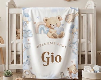 名前入りテディベアベビーブランケット｜男の子向けカスタムブルーベビー用品｜新生児歓迎ギフト｜柔らかいぬいぐるみベビーシャワーブランケット
