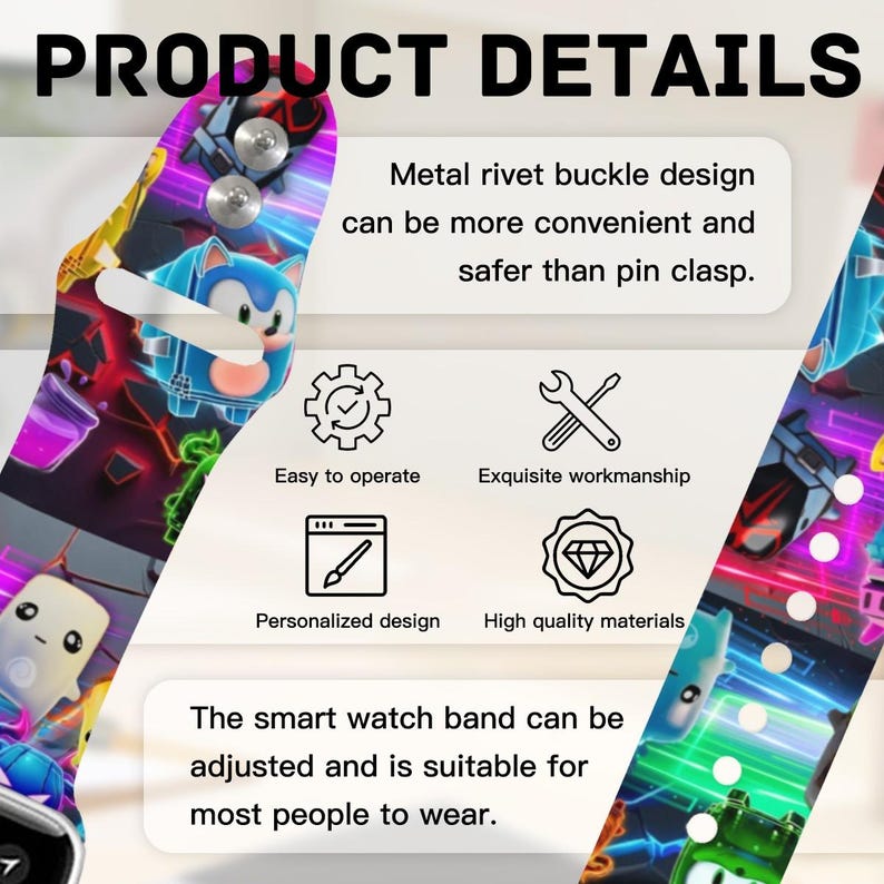 Smartwatch-Armband für Gamer, leuchtendes Neon-Cartoon-Armband, farbenfrohes Armband mit Videospiel-Muster, Zubehör für Gaming-Setup, cooles Geschenk für Gamer Bild 7