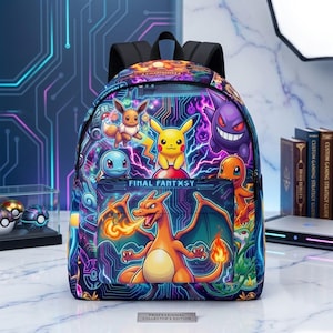 May include: A backpack featuring a vibrant, multi-colored graphic print of various animated creatures, including Pikachu, Eevee, and Charizard. The front pocket displays the text FINAL FANTASY, set against a dark, neon-lit digital circuit board background.