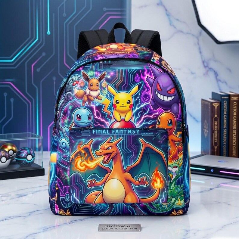May include: A backpack featuring a vibrant, multi-colored graphic print of various animated creatures, including Pikachu, Eevee, and Charizard. The front pocket displays the text FINAL FANTASY, set against a dark, neon-lit digital circuit board background.
