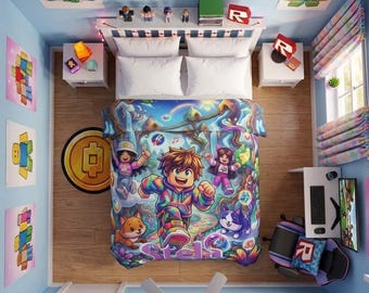 名前入りのカスタムキューブアバターブランケット、男の子と女の子のブロックキャラクターフリーススロー、子供用のパーソナライズされたゲーマーベッドルームデコレーション、カラフルなゲーム