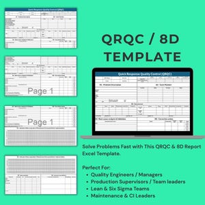 Op de afbeelding: Een turquoise achtergrond met een laptop waarop een Quick Response Quality Control (QRQC) sjabloon wordt weergegeven. De tekst "QRQC / 8D TEMPLATE" staat in grote witte letters. Extra QRQC-formulieren worden getoond. De tekst "Solve Problems Fast with This QRQC & 8D Report Excel Template" is ook zichtbaar.