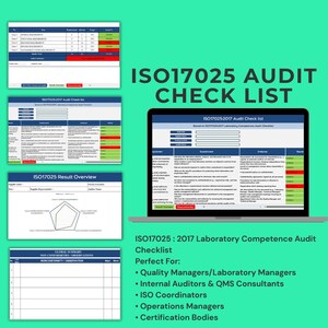 May include: A teal background with a laptop and several printouts displaying an ISO17025 audit checklist. The laptop screen shows a detailed checklist with multiple sections. The text "ISO17025 Audit Check List" is prominently displayed.