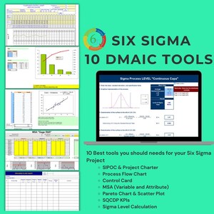 May include: A laptop screen displays a Six Sigma process level chart, with a green background. The image includes charts, graphs, and the text "SIX SIGMA 10 DMAIC TOOLS." Below, a list of 10 tools for a Six Sigma project is displayed.