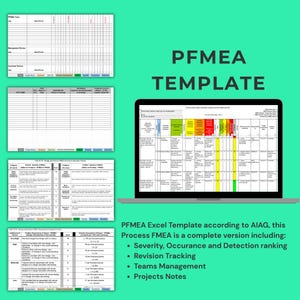 Plantilla Excel PFMEA según AIAG, este FMEA de proceso es una versión completa que incluye la clasificación de severidad, ocurrencia y detección.