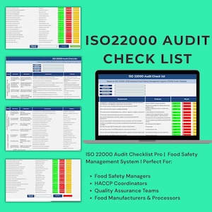 Puede incluir: Un fondo turquesa presenta el texto "ISO22000 AUDIT CHECK LIST" y un portátil que muestra una lista de verificación de auditoría. También se muestran varias listas de verificación. La imagen incluye el texto "ISO 22000 Audit Checklist Pro | Food Safety Management System".