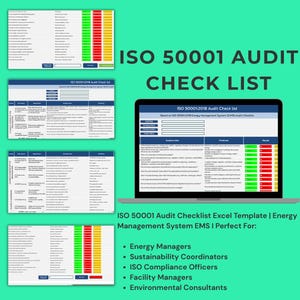 Può includere: L'immagine mostra una checklist di audit ISO 50001 su uno schermo di un laptop. Il testo "ISO 50001 Audit Checklist" è ben visibile. La checklist è progettata per i sistemi di gestione dell'energia.