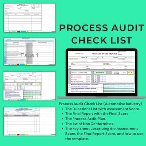 Puede incluir: Una computadora portátil muestra un "Process Audit Report" con una puntuación "Positiva", junto a varios formularios de auditoría impresos. La imagen incluye el texto "Process Audit Check List" y detalles sobre la industria automotriz.
