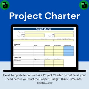 Może przedstawiać: Ekran laptopa wyświetla szablon karty projektu z polami na nazwę projektu, interesariuszy i członków zespołu. Tekst "Project Charter" jest wyraźnie widoczny. Tło jest niebieskie z ikonami Excela.