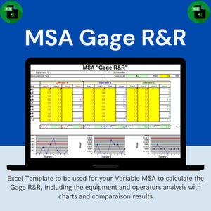 Op de afbeelding: Een laptopscherm met een Excel-sjabloon voor MSA Gage R&R-analyse. Het scherm toont gegevenstabellen met metingen en grafieken voor operators A, B en C, met de tekst "MSA Gage R&R" bovenaan. De achtergrond is blauw.