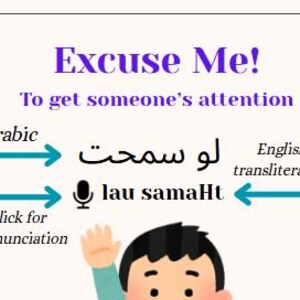 May include: An educational graphic featuring the text Excuse Me! To get someone's attention, with the Arabic phrase for excuse me, a microphone icon, and the English transliteration lau samaHt, accompanied by an illustration of a person waving.