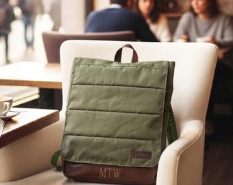 Customized Canvas Laptop Backpack 16” Unisex Waterproof Vegan Leather Travel Rucksack